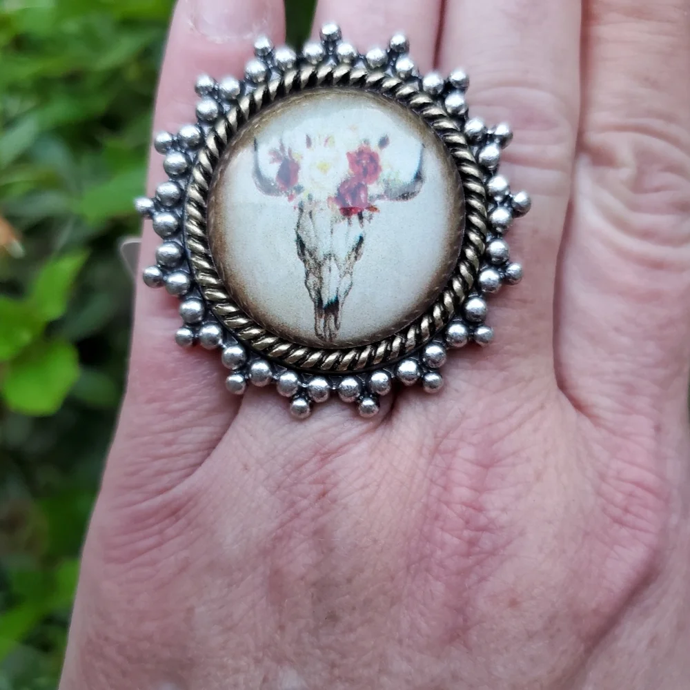 south western Cow Skull Steerhead Bubble Dome boho rustic Statement Ring  nwt